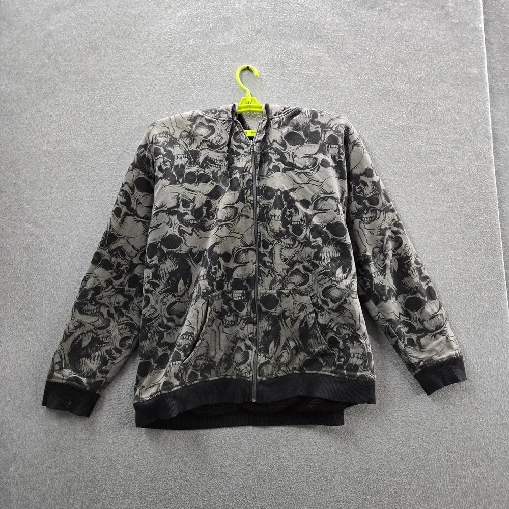 Skull Men Hoodie 2XL Gray Sherpa Lined Y2K Grunge Skate Hip Hop Full Zip